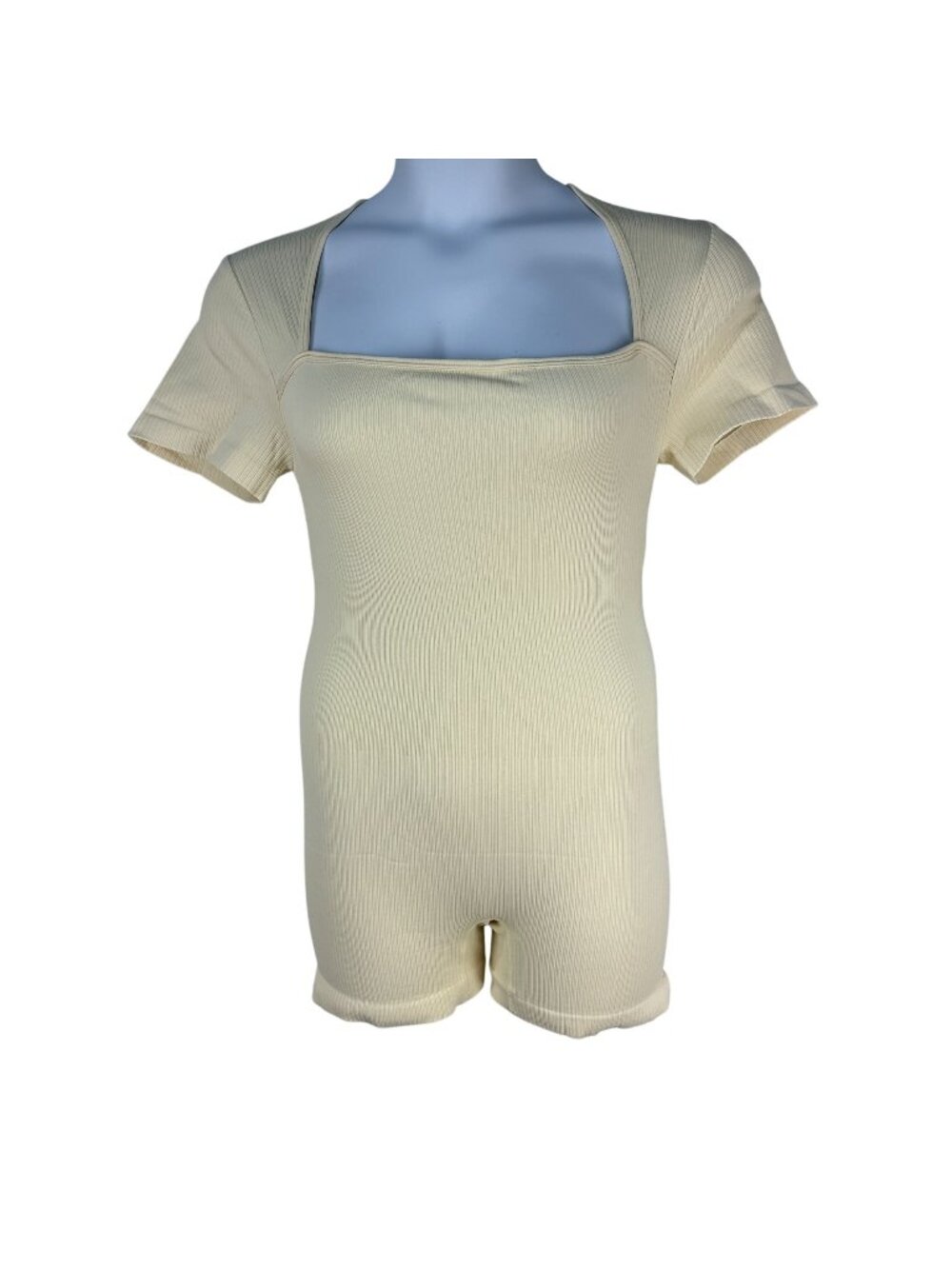 OQQ Womens Short Sleeve Romper XL Stretch Sexy Yoga Ribbed Fit Beige Square Neck